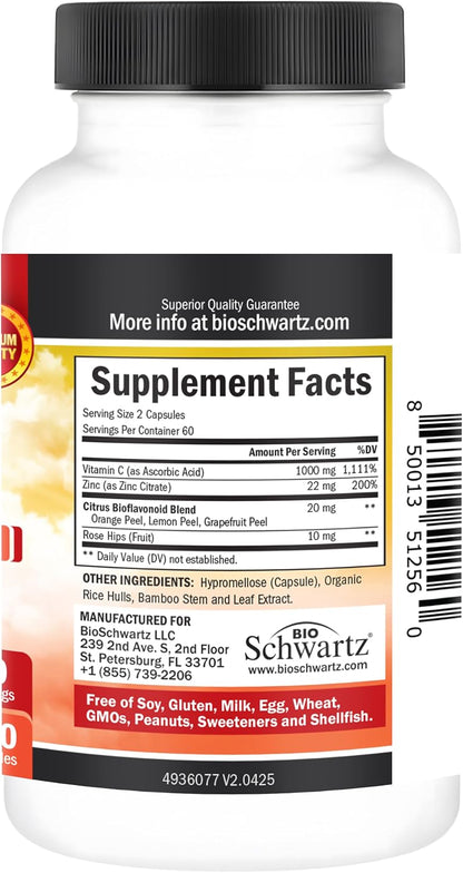 BioSchwartz Vitamin C Complex - 1000mg Capsules with Rose Hips, Zinc & Citrus Bioflavonoids, 120 Capsules