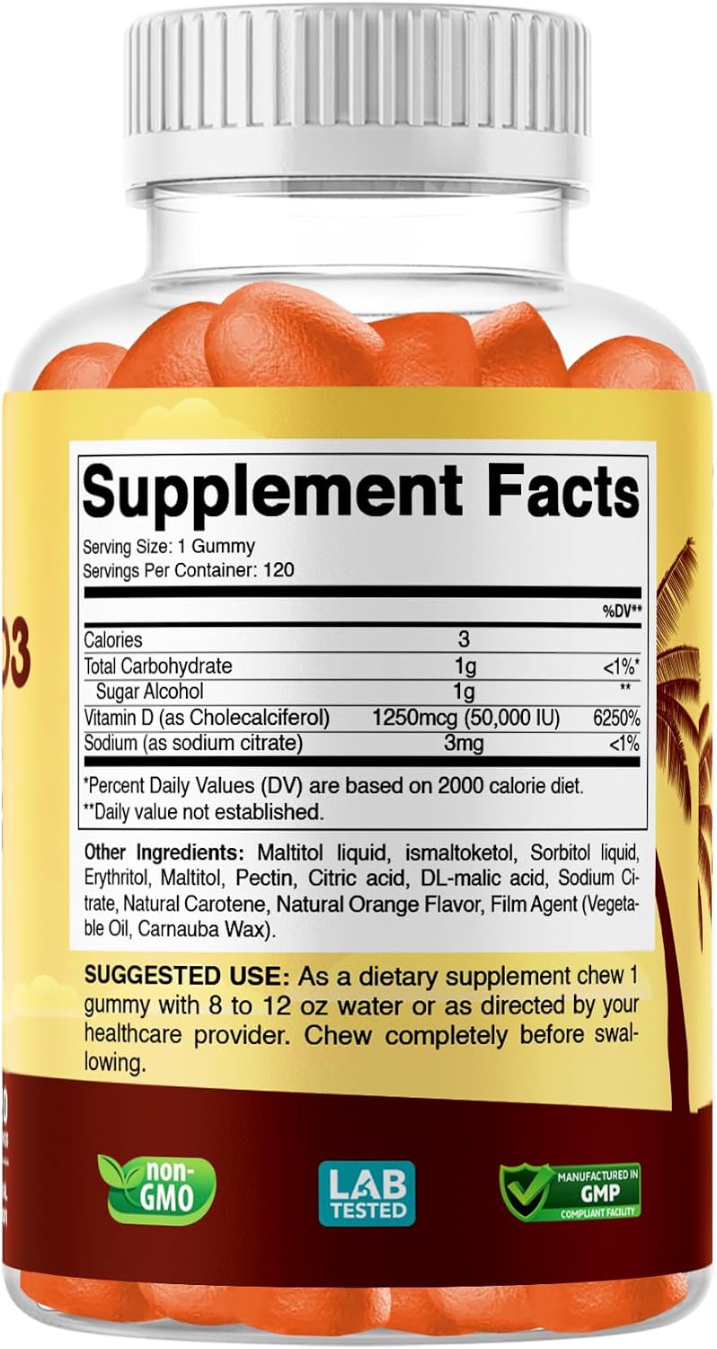 Vitabod Sugar-Free Vitamin D3 50,000 IU Weekly Gummies – Bone, Teeth, and Immune Support – Non-GMO, Easy-to-Chew – 120 Count - görsel 8