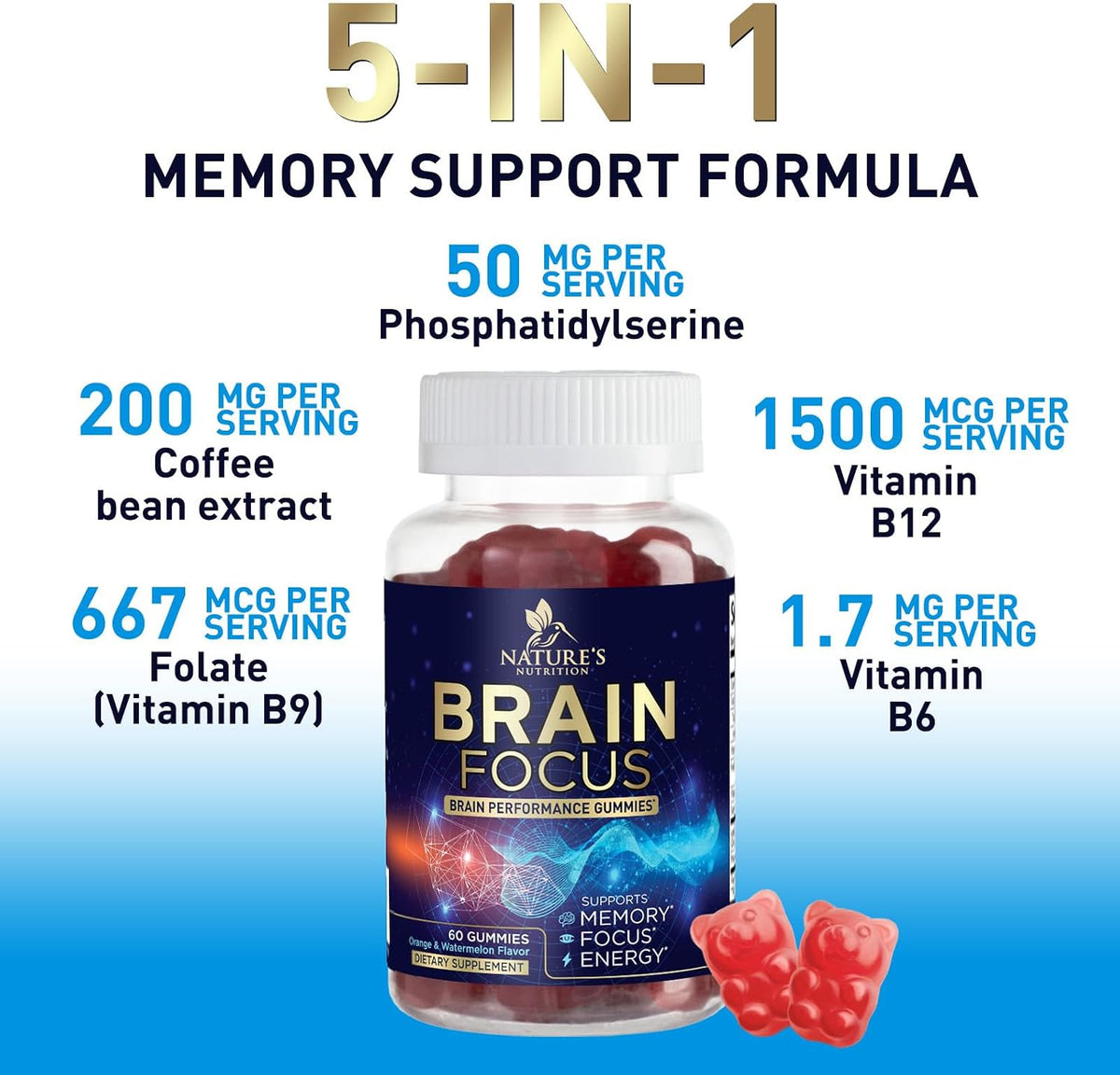 Nature's Nutrition Brain Supplement with Phosphatidylserine – Memory and Focus Gummies, 60 Count - görsel 3