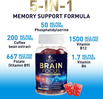 Nature's Nutrition Brain Supplement with Phosphatidylserine – Memory and Focus Gummies, 60 Count