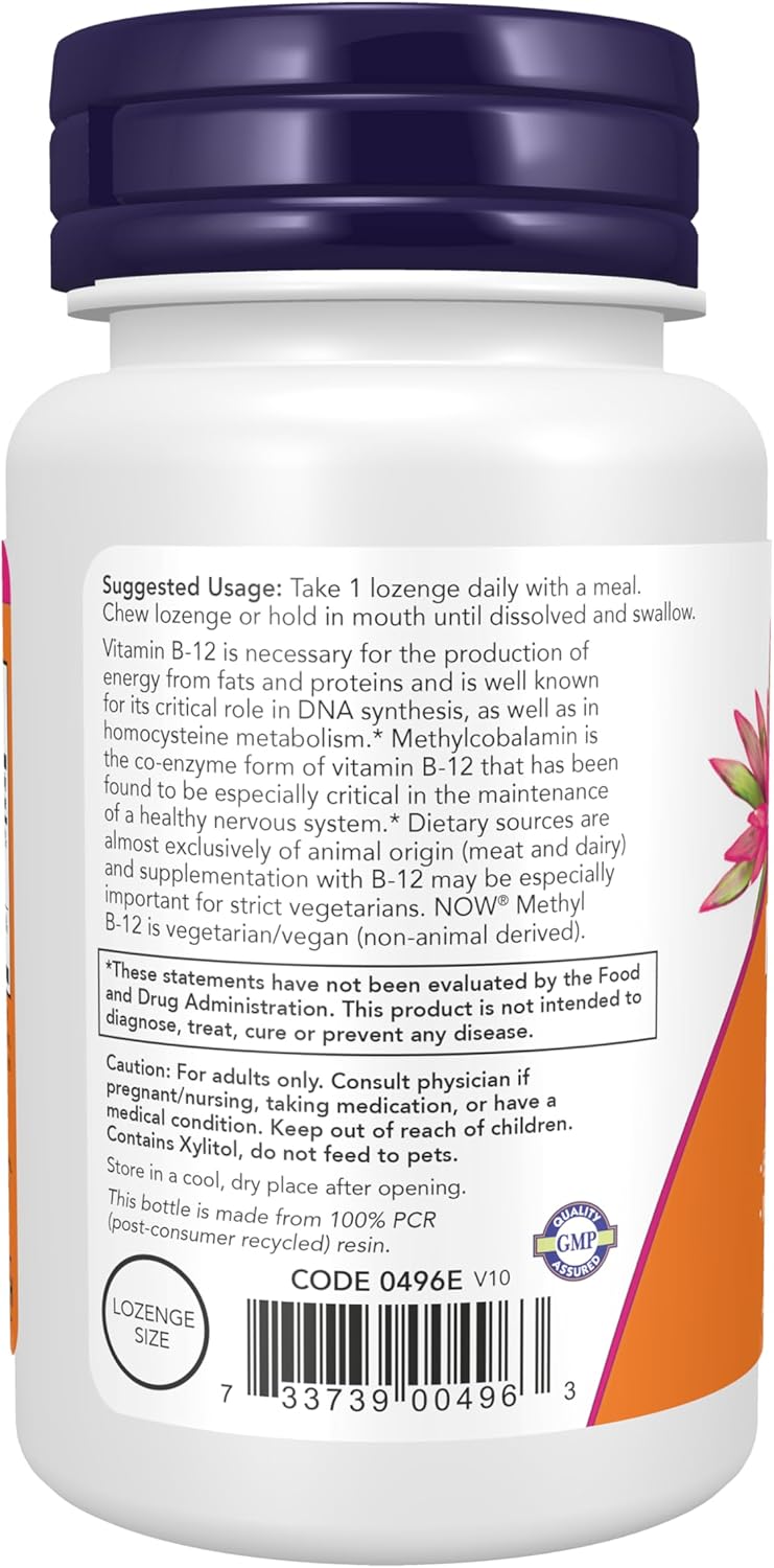 NOW Foods Supplements, Methyl B-12 (Methylcobalamin) 5,000 µg, Nervous System Support*, 60 Lozenges - görsel 3