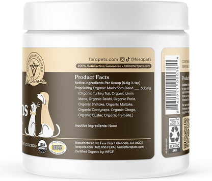 Fera Pets Organic Mushroom Supplement for Dogs & Cats – 10-Mushroom Blend, 120 Scoops