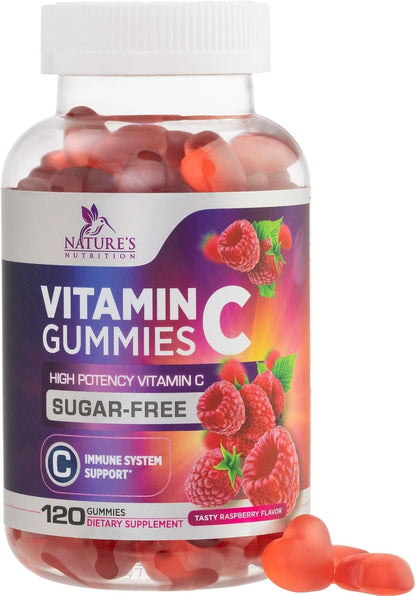 Zero Sugar Vitamin C Gummies - Immune Support and Antioxidant Vitamin C Food Supplement - Vegan, Non-GMO, Dairy and Gluten-free - Raspberry Flavour for Kids and Adults - 120 Count