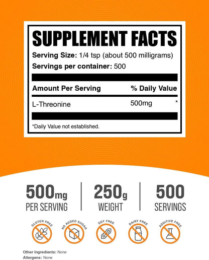 BulkSupplements L-Threonine Powder - 500mg per Serving, 250g