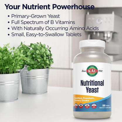 KAL Nutritional Yeast Supplement – Fortified with B Vitamins, Biotin, Folic Acid and Amino Acids – 500 Tablets