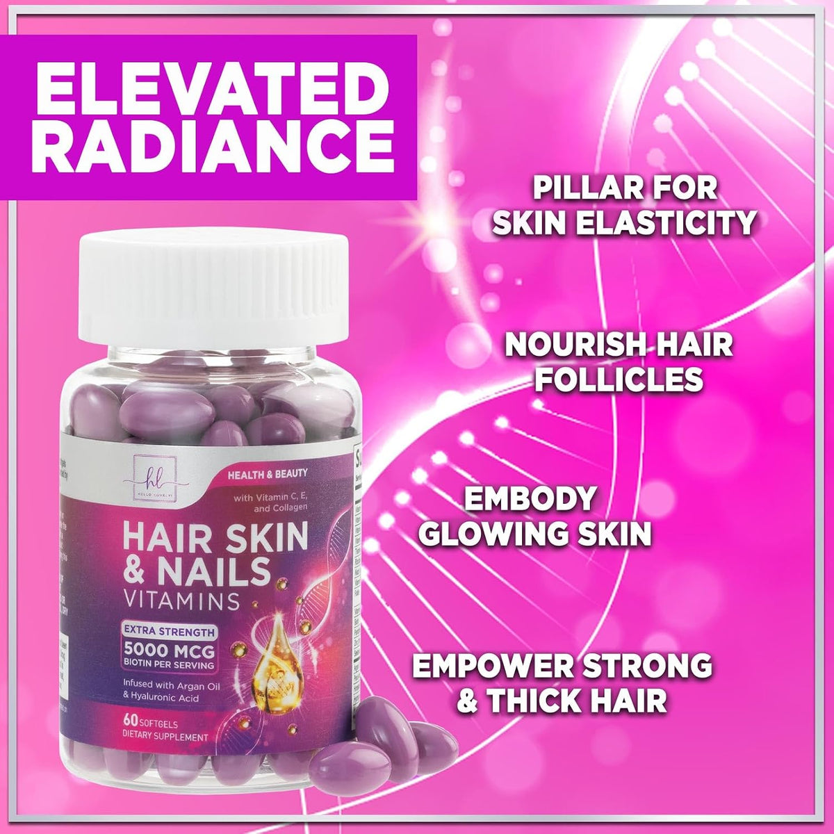 Hair Vitamins for Women Argan-Infused with Collagen, Biotin and Hyaluronic Acid - For Normal Hair and Skin Maintenance - Bottled in the USA - 60 Soft gel capsules - görsel 6
