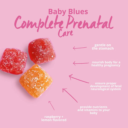 Baby Blues Prenatal Gummies for Women, Prenatal Multivitamin with DHA and Folic Acid, Iron Free, Gentle on Stomach, No Fishy Aftertaste, Raspberry Lemonade, 60 Count