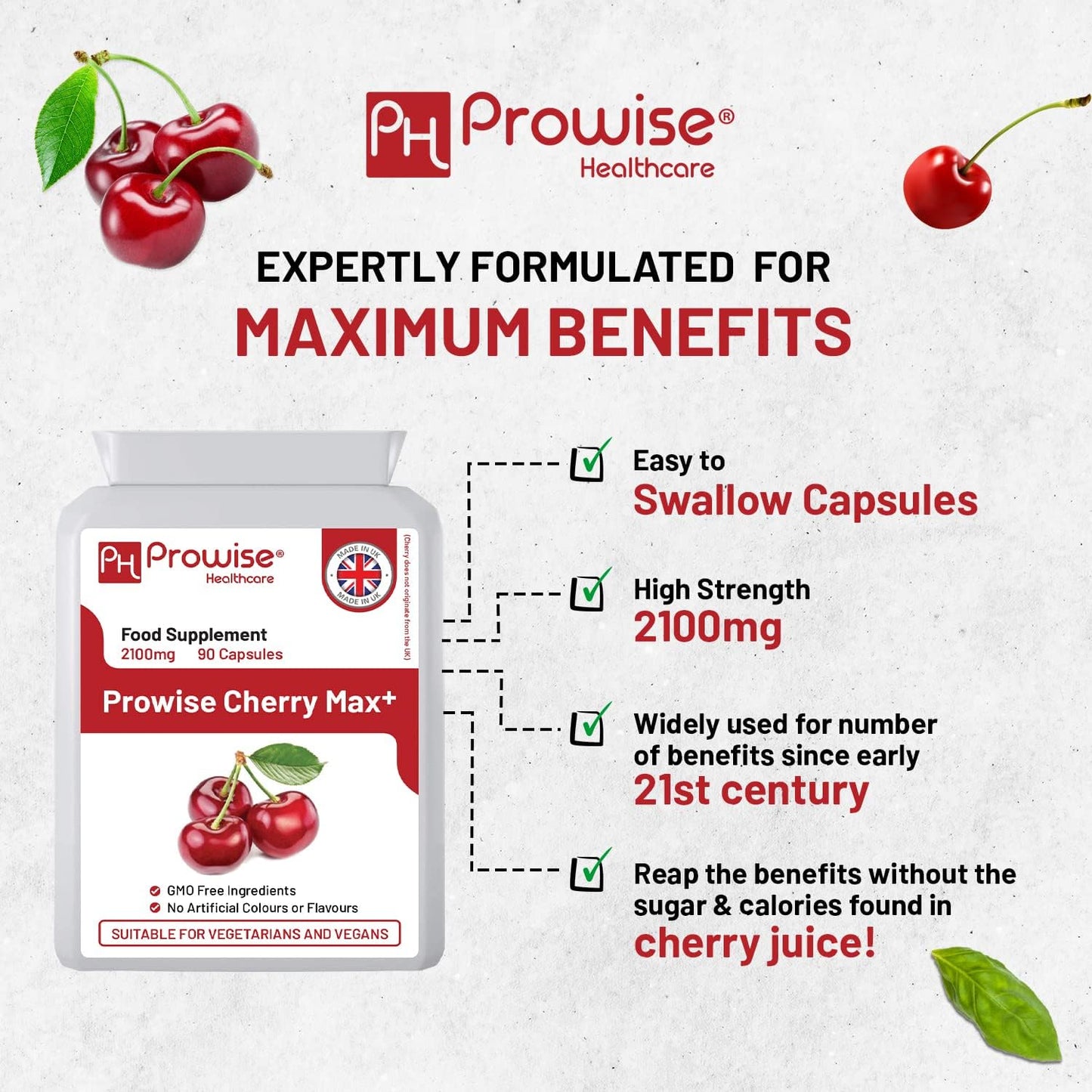Cherry Max+ 2100mg Montmorency Cherry with Black Cherry - 90 Vegan Capsules - High Strength - Prowise Health care - görsel 6