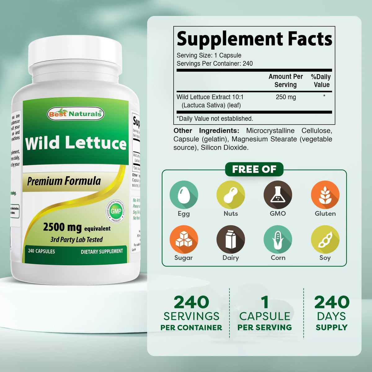 Best Naturals Wild Lettuce 10:1 Extract (250 mg, 240 Capsules) – Image 2