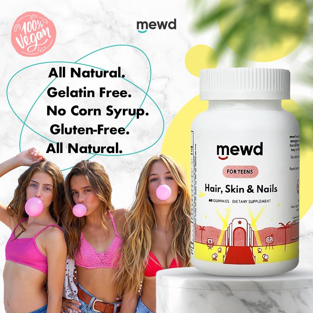 MEWD Hair, Skin & Nails Support Multivitamin Gummies for Teens and Children - Biotin with Zinc, Vitamins A, D3, B1, B2, B6 & B12 - Gluten-Free, Non-GMO - 60 Count - Made in the USA - görsel 2