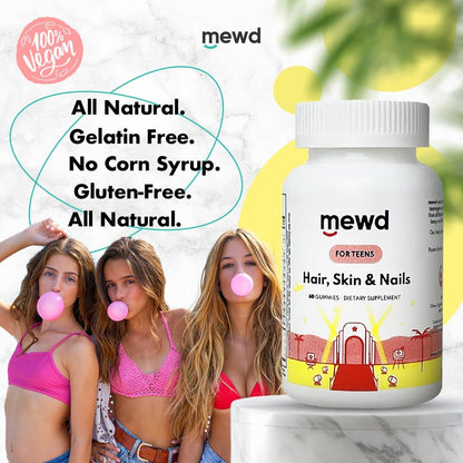MEWD Hair, Skin & Nails Support Multivitamin Gummies for Teens and Children - Biotin with Zinc, Vitamins A, D3, B1, B2, B6 & B12 - Gluten-Free, Non-GMO - 60 Count - Made in the USA