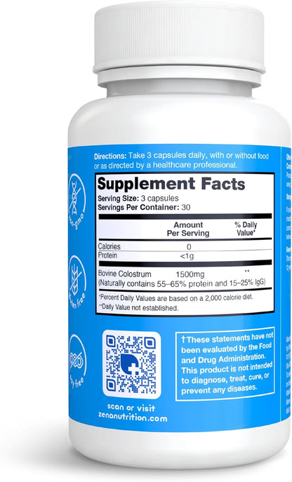 Zena Nutrition Pure Colostrum Capsules, 1500mg Supplement, Grass-Fed Bovine Colostrum, Supports Immune and Digestive Health, Promotes Gut Health, Gluten-free, Fat-Free, 1 Month Supply, 90 Capsules
