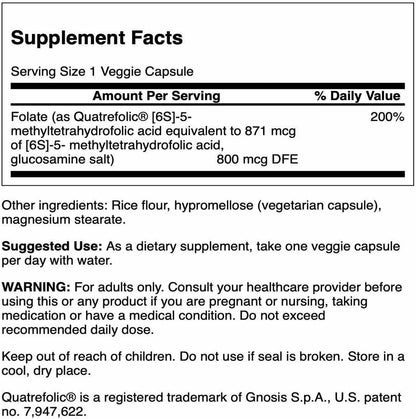 Swanson Folate 5-Methyltetrahydrofolic Acid – High Potency, Bioactive Form 800 mcg DFE 30 Veg Caps (2 Pack)