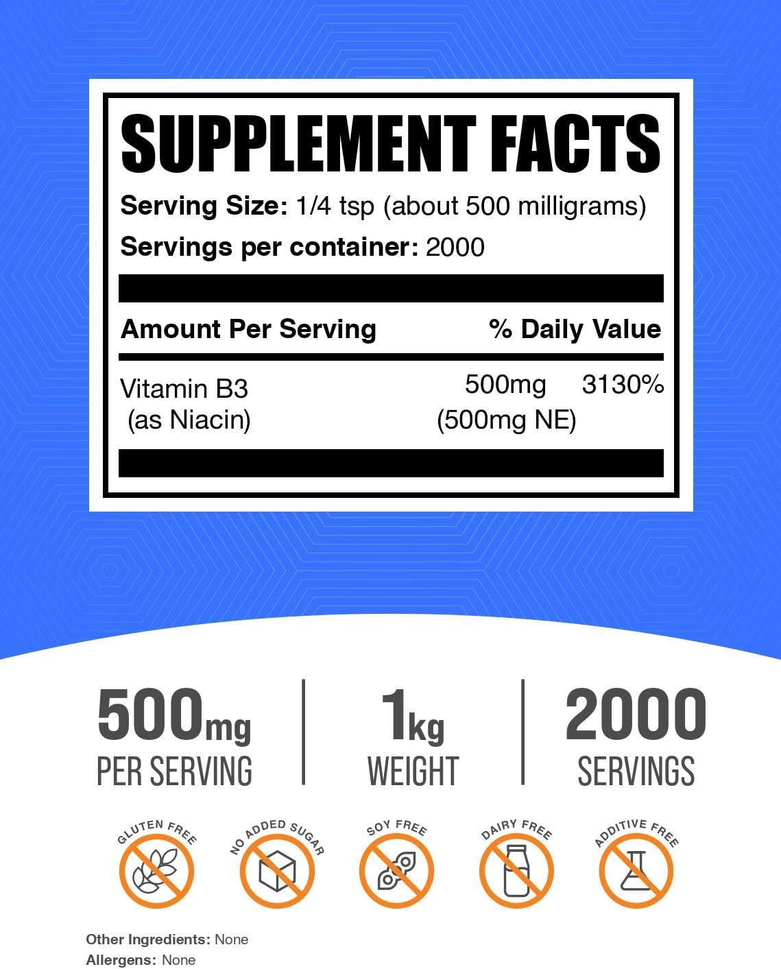 BulkSupplements.com Niacin Powder – Vitamin B3 (500mg per Serving, 1kg) - görsel 2