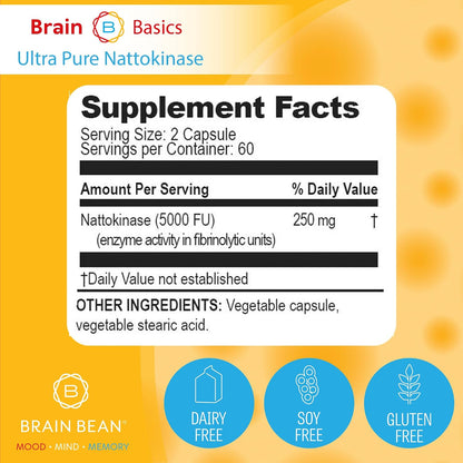 Brain Basic Ultra-Pure Nattokinase 5000 FU – 120 Capsules – Natural Circulation Support with Highest Potency Available – Non-GMO, Vegan, Gluten-free