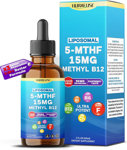 Liposomal 5-MTHF 15mg & Methyl B12 Liquid Drops – 96mg per Serving, Ultra Potent, Raspberry Flavour – 60ml