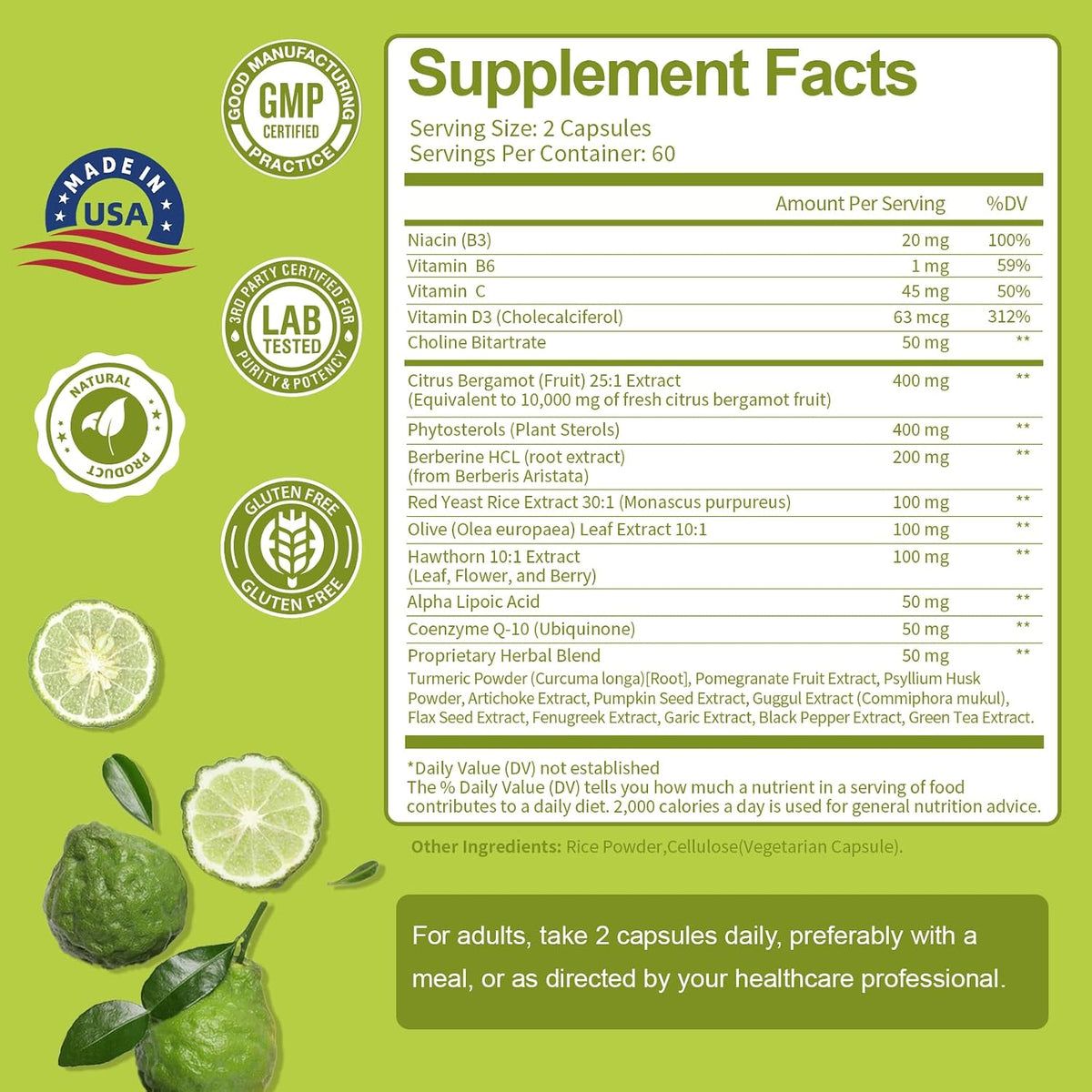 Citrus Bergamot Supplement for Cholesterol – Italian Citrus Bergamot & Plant Sterols, Vegan, Non-GMO, 120 Capsules - görsel 3