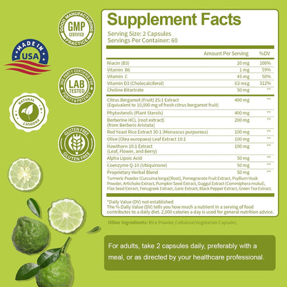 Citrus Bergamot Supplement for Cholesterol – Italian Citrus Bergamot & Plant Sterols, Vegan, Non-GMO, 120 Capsules