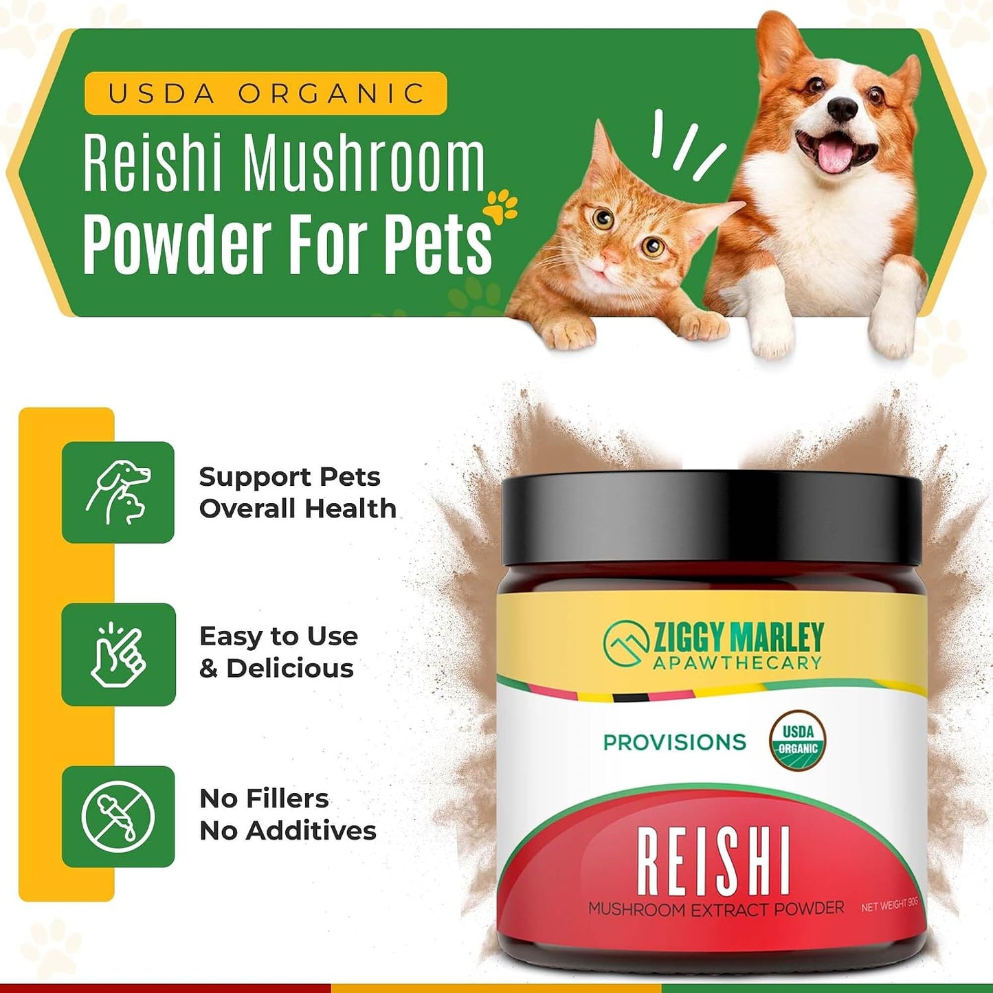 Ziggy Marley's USDA Organic Reishi Mushroom Powder for Dogs & Cats – Fruiting Body Extract, 90g - görsel 2
