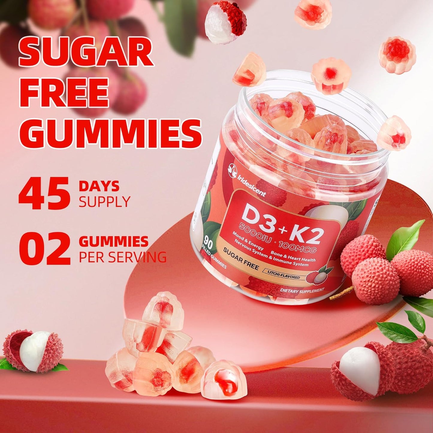 Vitamin D3 K2 Gummies - Sugar Free, Vegan, 5000 IU D3 + 100 mcg MK-7, Lychee Flavour, 90 Count - görsel 5