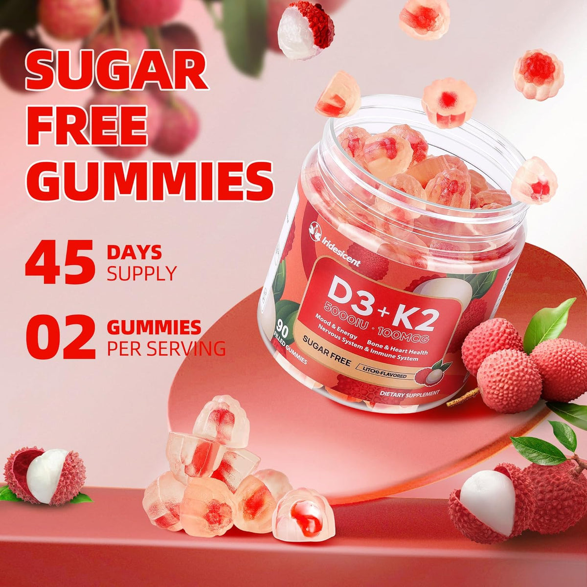 Vitamin D3 K2 Gummies - Sugar Free, Vegan, 5000 IU D3 + 100 mcg MK-7, Lychee Flavour, 90 Count - görsel 5