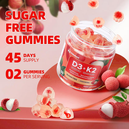 Vitamin D3 K2 Gummies - Sugar Free, Vegan, 5000 IU D3 + 100 mcg MK-7, Lychee Flavour, 90 Count