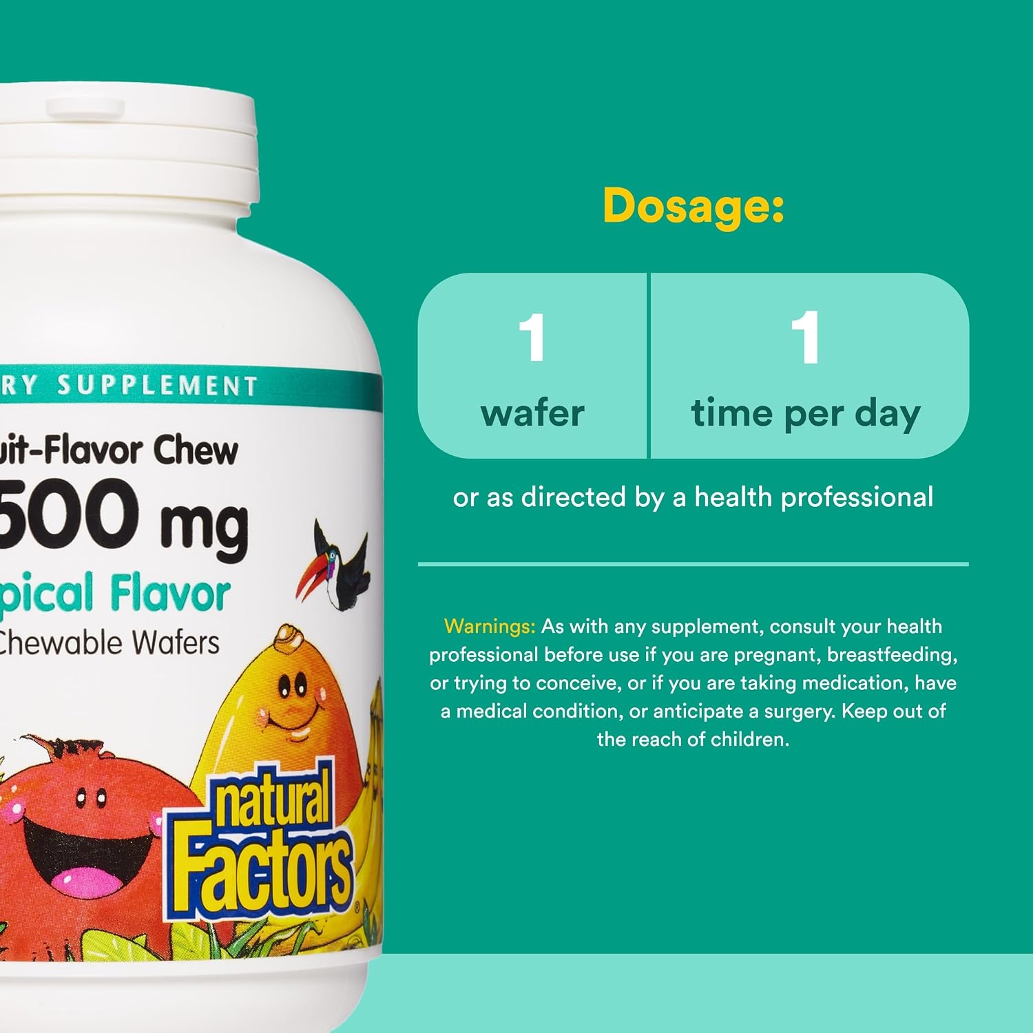 Natural Factors Kids Chewable Vitamin C 500 mg – Contributes to normal immune function, bones, teeth and gums – Tropical flavour – 180 wafers - görsel 3
