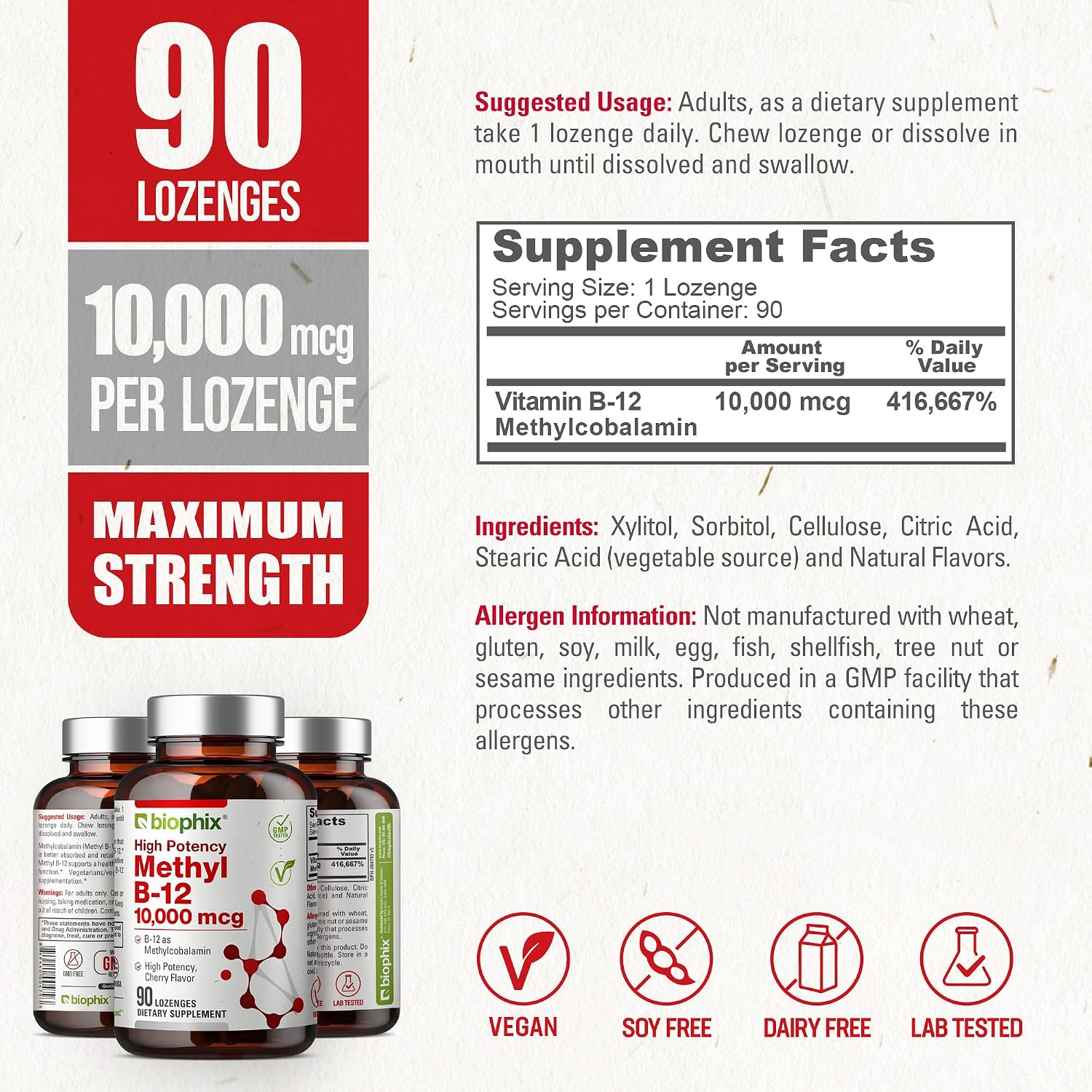 biophix Methyl B-12 10000 mcg 90 Vegan Lozenges Cherry Flavour Extra Strength - görsel 5