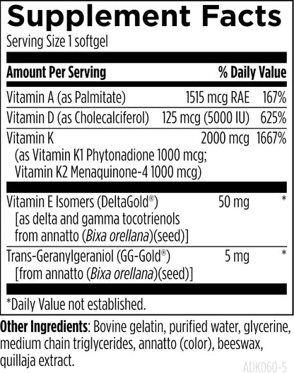 ADK Evail - 5000 IU Vitamin D3 with Vitamins A, E (Tocotrienols), K1 + K2 - Fat-Soluble Vitamin Complex - Bone & Immune Support (60 Softgels)