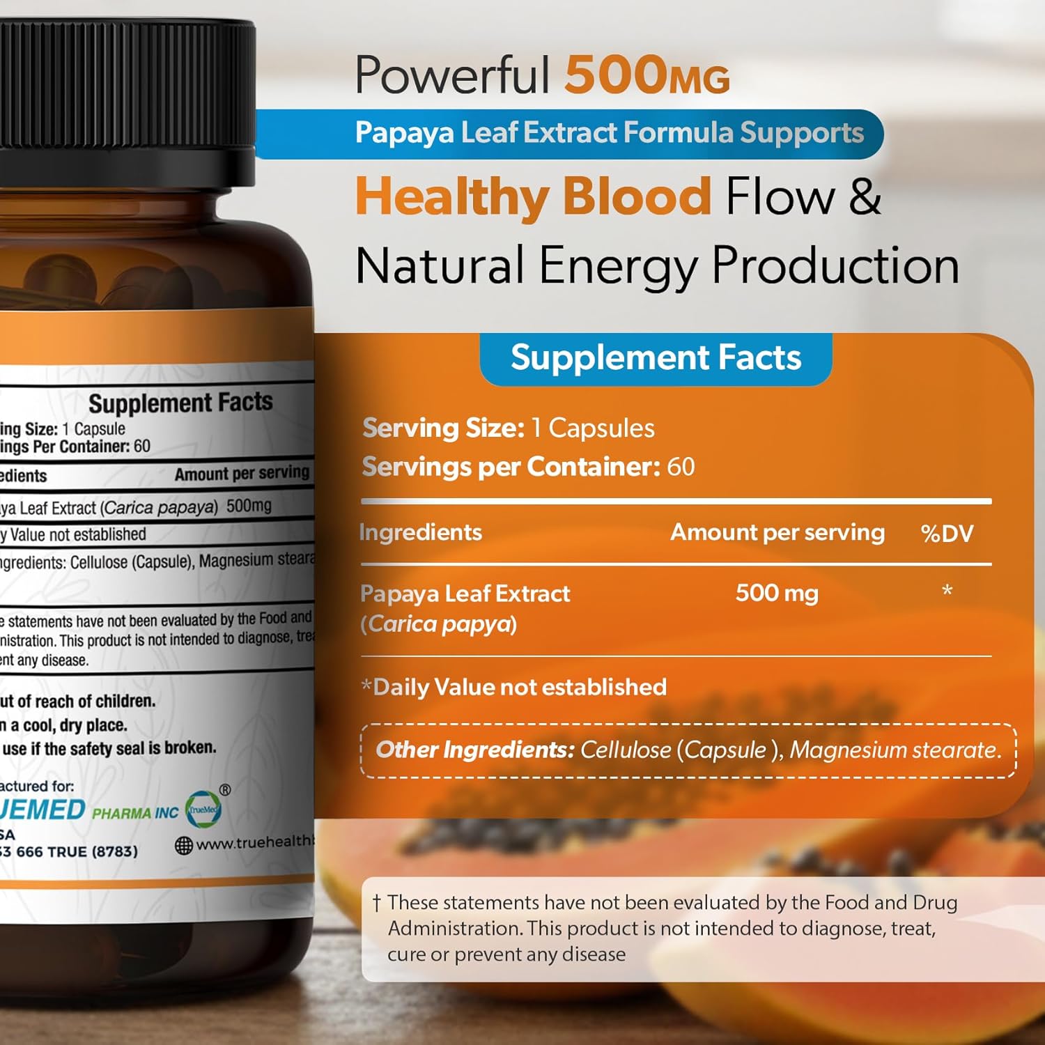 Papaya Leaf Extract 500 mg – 4X Extra Strength – 60 Capsules - görsel 2