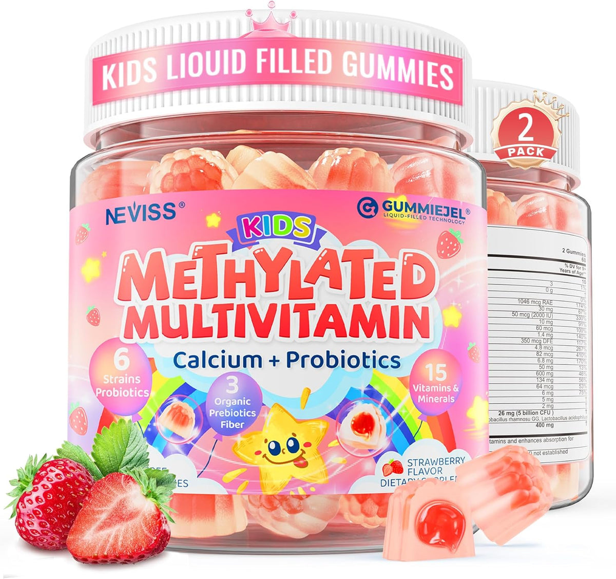 Kids Multivitamin Gummies + Calcium, Probiotics, Vitamin D3, C, Methylated B12 & Methylfolate, B6, A, K2, E, Zinc, Prebiotics for Children Ages 4+, Clean & Sugar Free, for Nutritional Support, 60 Cts - görsel 10