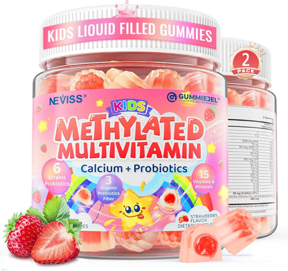 Kids Multivitamin Gummies + Calcium, Probiotics, Vitamin D3, C, Methylated B12 & Methylfolate, B6, A, K2, E, Zinc, Prebiotics for Children Ages 4+, Clean & Sugar Free, for Nutritional Support, 60 Cts