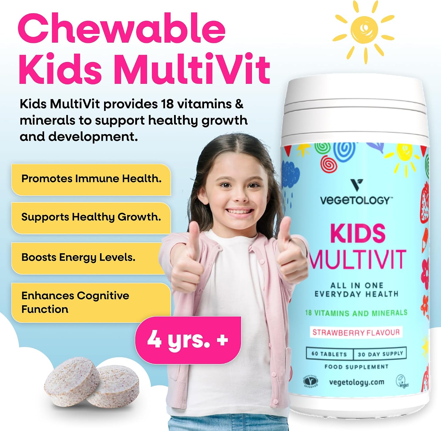 VEGETOLOGY Kids Multivitamin Food Supplement – Vegan Chewable Multivitamin for Immune Function, Energy & Growth, 18 Essential Vitamins & Minerals – 60 Tablets, Strawberry - görsel 6