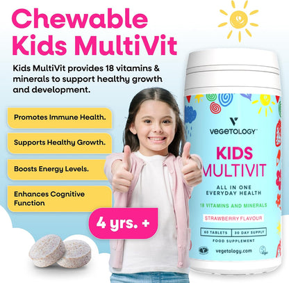 VEGETOLOGY Kids Multivitamin Food Supplement – Vegan Chewable Multivitamin for Immune Function, Energy & Growth, 18 Essential Vitamins & Minerals – 60 Tablets, Strawberry