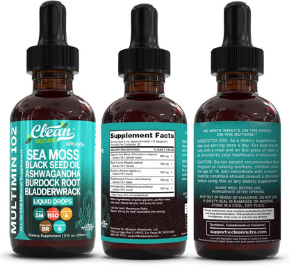 Clean Nutra Organic Sea Moss Drops | with Black Seed Oil, Ashwagandha, Burdock Root & Bladderwrack - Vegan Multimineral Liquid for Gut Health, Energy, Skin, Immune Support & Hair