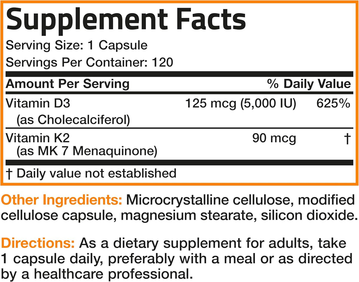 Bronson Vitamin D3 K2 (MK-7) Supplement - 5000 IU D3 & 90 mcg K2, 120 Capsules - görsel 8