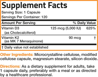 Bronson Vitamin D3 K2 (MK-7) Supplement - 5000 IU D3 & 90 mcg K2, 120 Capsules