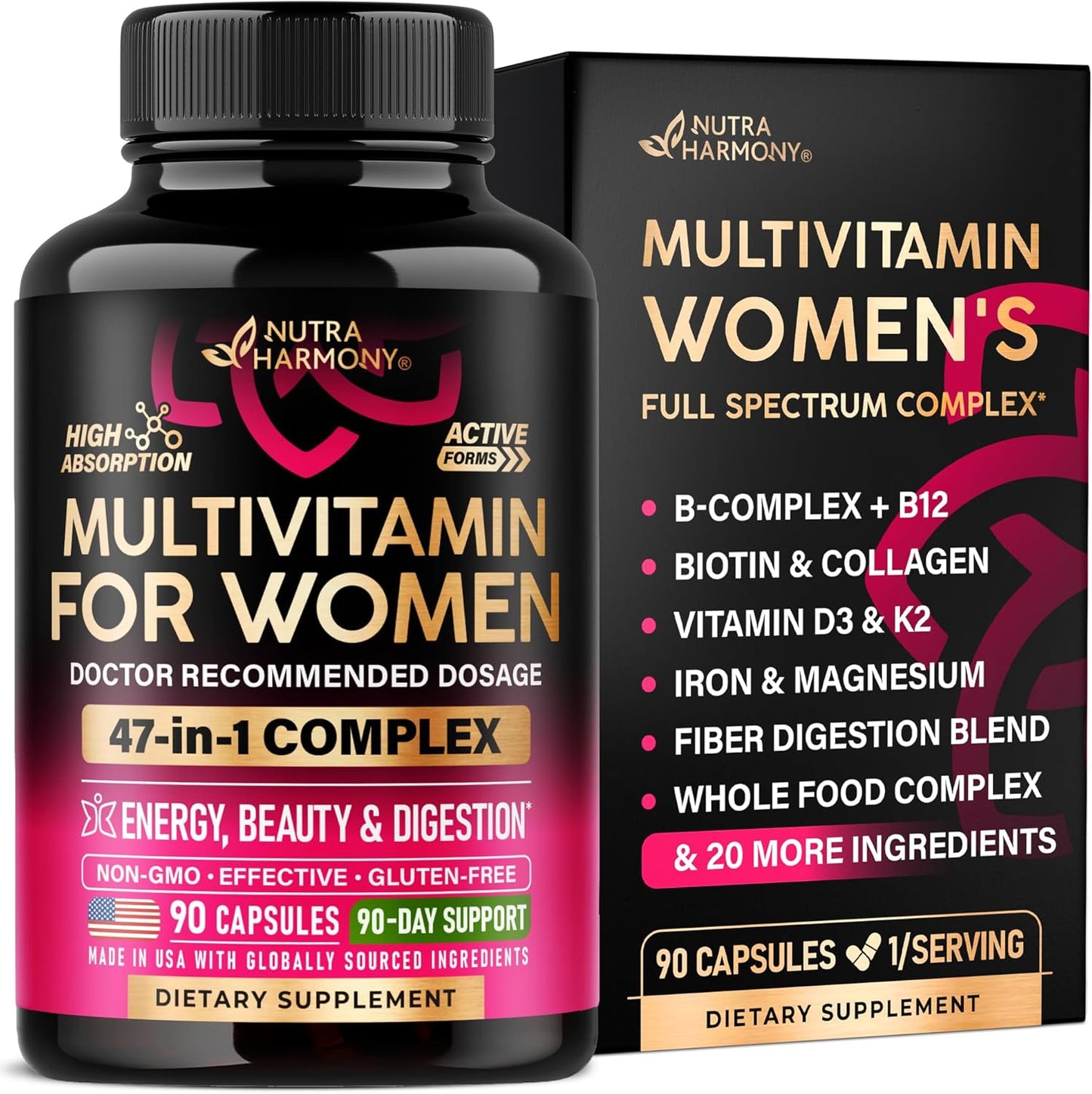 NUTRAHARMONY Women's Multivitamin 47-in-1 with B Complex, Wholefoods and Beauty Complex – 90 Capsules - görsel 1