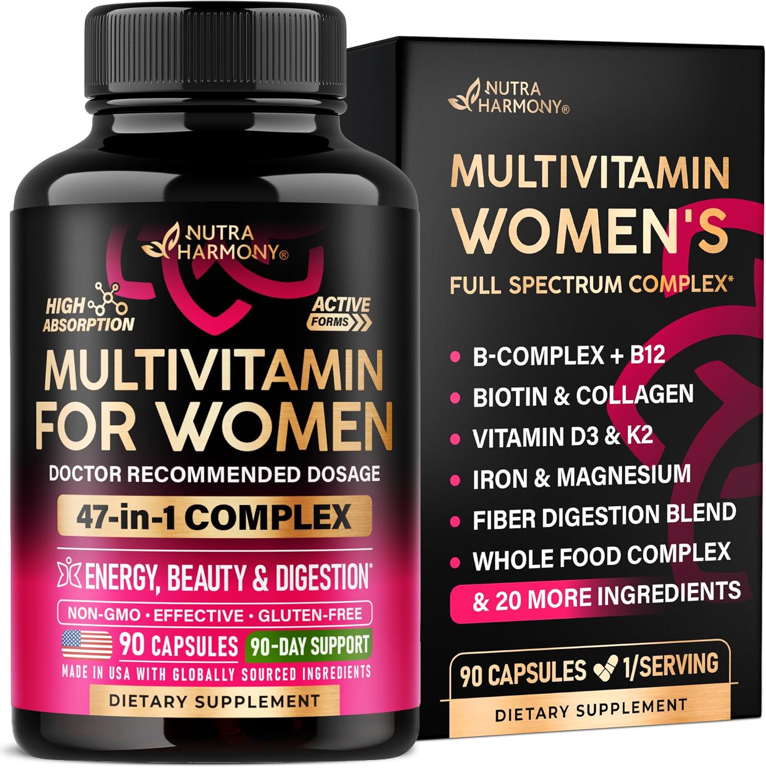 NUTRAHARMONY Women's Multivitamin 47-in-1 with B Complex, Wholefoods and Beauty Complex – 90 Capsules - görsel 1