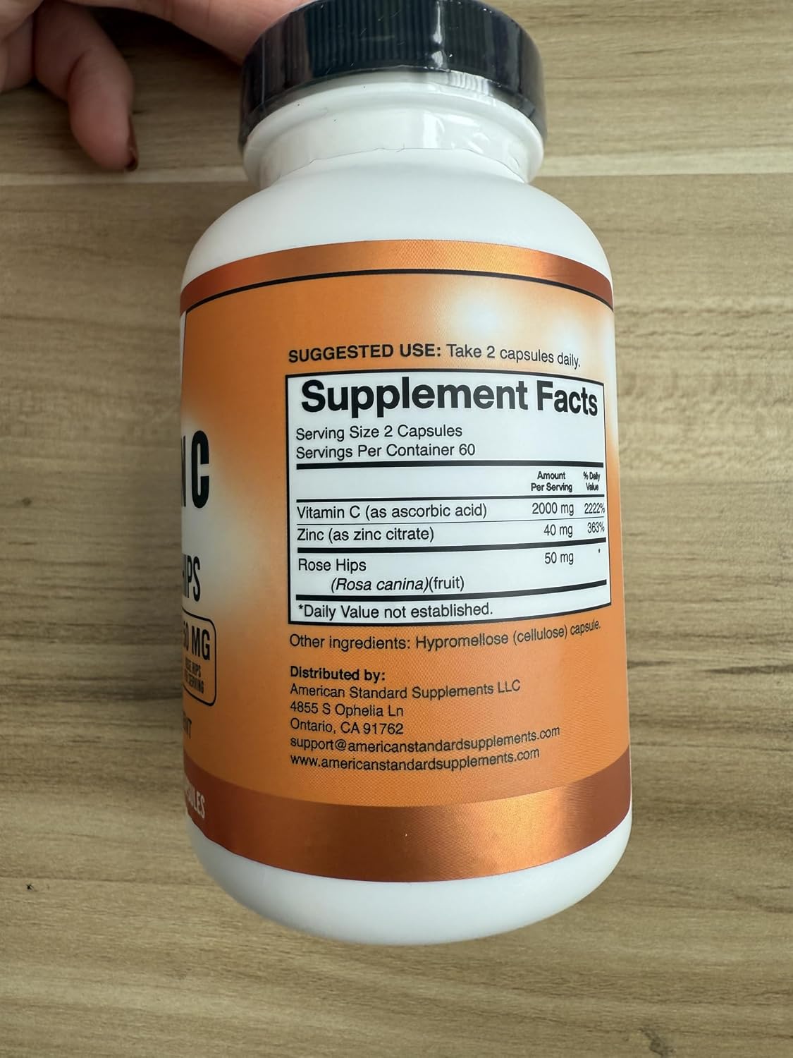 American Standard Supplements Vitamin C 2000mg, Zinc 40mg, and Rose Hips 50mg Per Serving, 120 Capsules - görsel 6