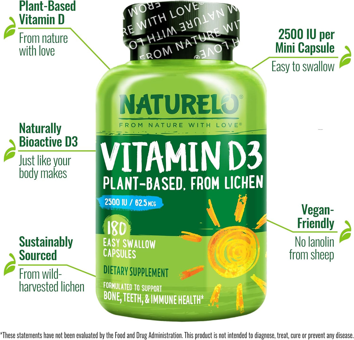NATURELO Vitamin D3 2500 IU - Plant Based from Lichen - 180 Capsules (Pack of 2) - görsel 2