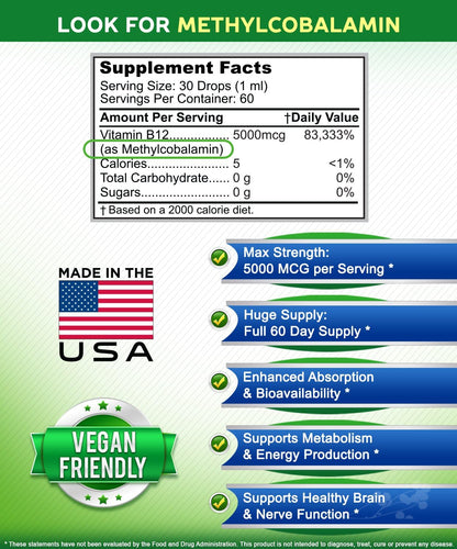 aSquared Nutrition Vitamin B12 Sublingual Liquid Drops - 5000 mcg Methylcobalamin - Wild Berry Flavour - 60 ml