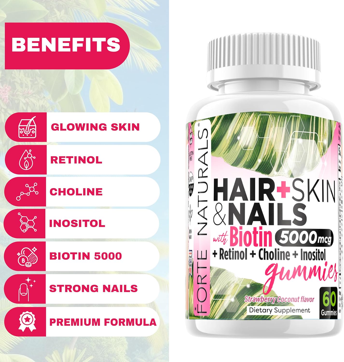 FORTE NATURALS Hair, Skin & Nails Biotin Gummies - 5,000mcg, Sugar-Free, Vegan, 60 Count - görsel 2