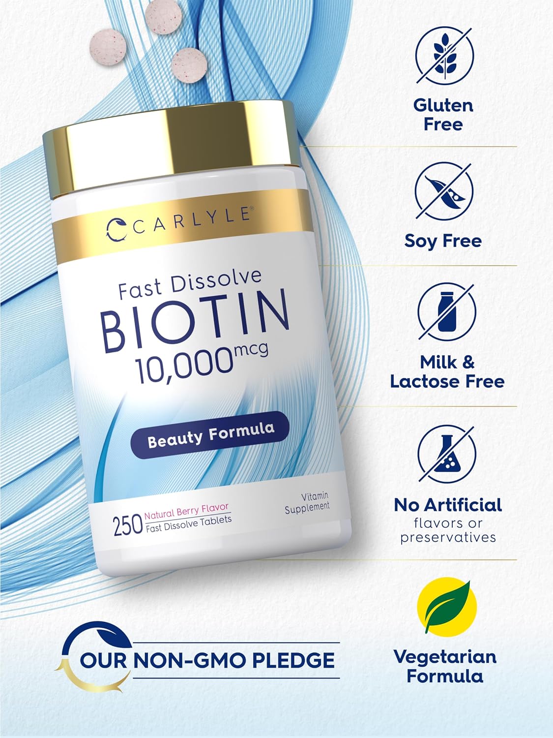 Carlyle Biotin 10000mcg Fast Dissolve Tablets, 250 Count - Max Strength, Vegetarian, Non-GM, Gluten-free - görsel 5