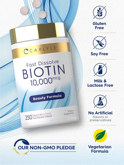 Carlyle Biotin 10000mcg Fast Dissolve Tablets, 250 Count - Max Strength, Vegetarian, Non-GM, Gluten-free