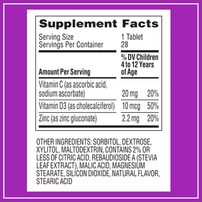 Zarbee's Kids Immune Support, Vitamin C, D & Zinc Daily Immunity Vitamins for Children 4+ Years, Natural Tropical Fruit Flavour, 28 Chewable Tablets