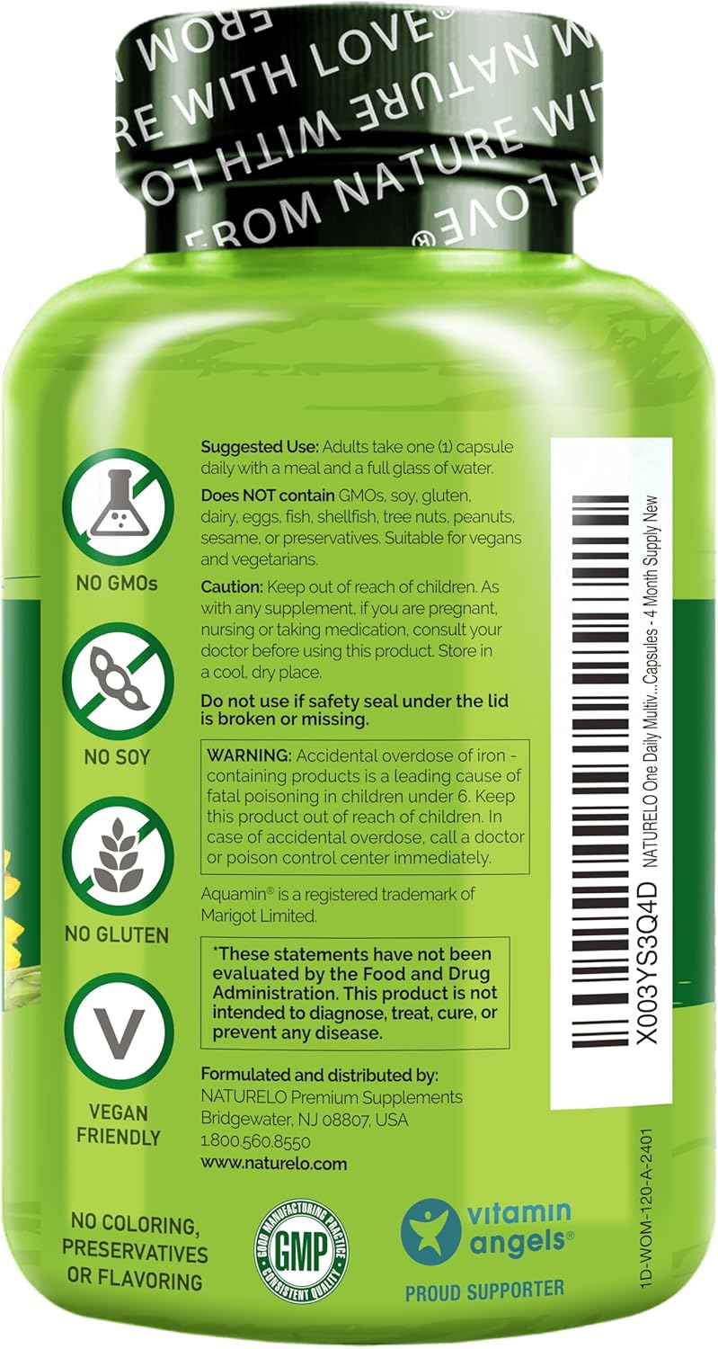 NATURELO One Daily Multivitamin for Women with Vitamin B12, 120 Capsules, Energy Support, Whole Food Daily Women's Multivitamin Supplement, Nourish Hair/Skin/Nails, Non-GMO, No Soya, Gluten-free, 4 Month Supply - görsel 6