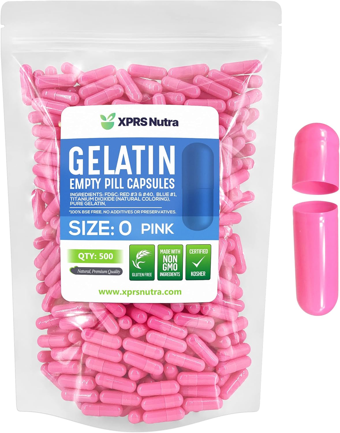 XPRS Nutra Size 0 Empty Capsules - 500 Count Empty Gelatine Capsules - Capsules for DIY Capsule Filling - Pure Bovine Pill Gel Caps for DIY Supplements (Pink) - görsel 1
