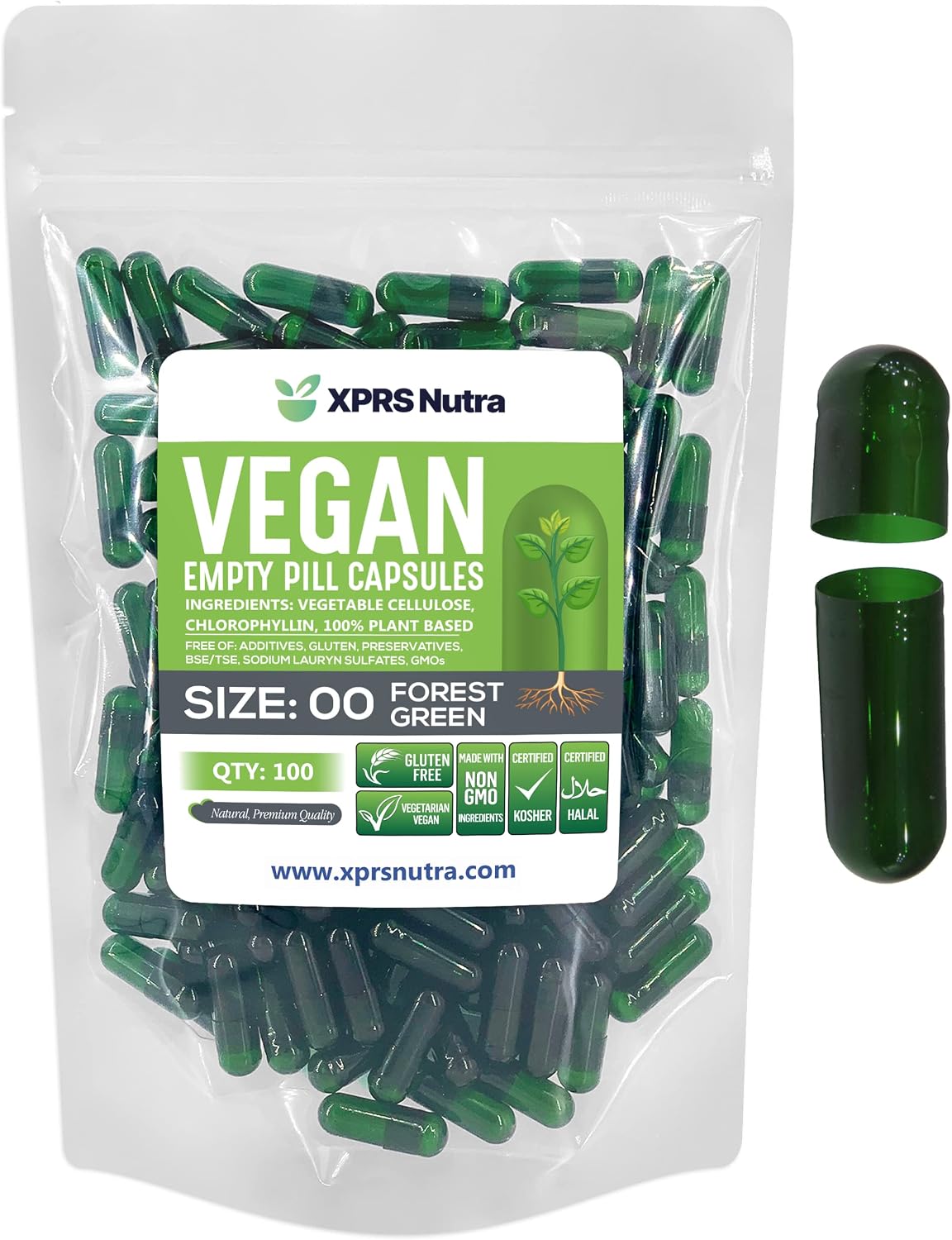 XPRS Nutra Size 00 Empty Vegan Capsules - 100 Count (Forest Green) - görsel 1