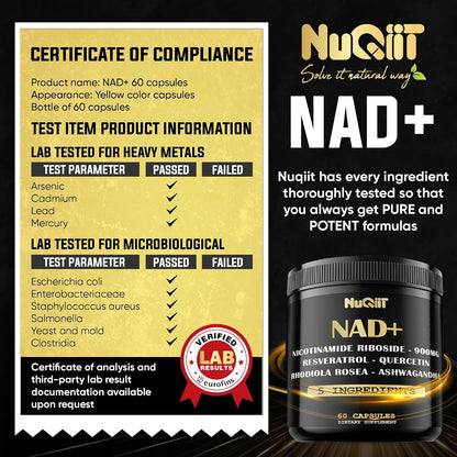 NAD+ Supplement with Nicotinamide Riboside, Resveratrol, Quercetin, Turmeric, Rhodiola Rosea - 60 Count